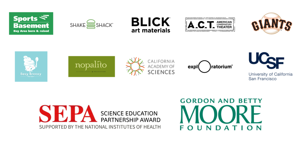 Teen Wellness Summit Sponsors - Sports Basement, Shake Shack, Blick Art, ACT Theater, SF Giants, Easy Breezy, Nopalito, California Academy of Sciences, Exploratorium, UCSF, Science Education Partnership Award, Moore Foundation